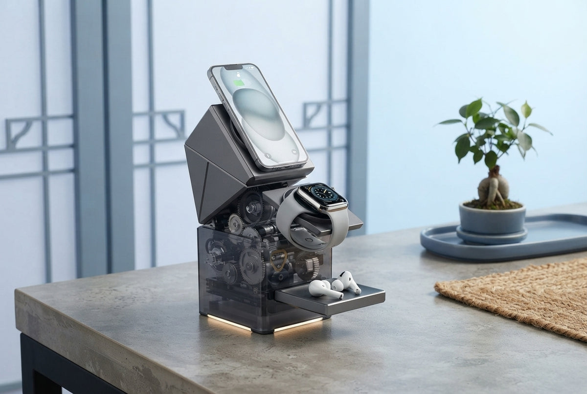 3-in-1 magnetic wireless charging station, twisted open, charging a smartphone, smartwatch, and earbuds on a modern, minimali