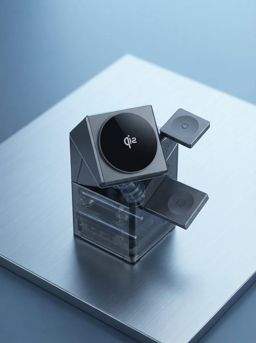 Top-down view of a 3-in-1 magnetic wireless charging station, twisted open to show charging pads for a phone, watch, and earb